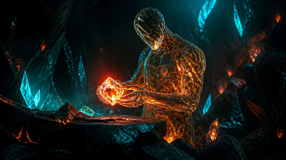 Ilustración de un artesano de cristal puliendo una gema luminosa dentro de una caverna, que representa a un desarrollador de software experto y de confianza
