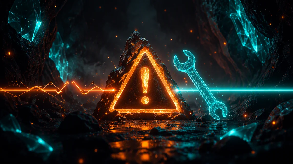Ilustración de un símbolo de error y una herramienta de reparación dentro de una caverna, que representa la solución de errores en WordPress
