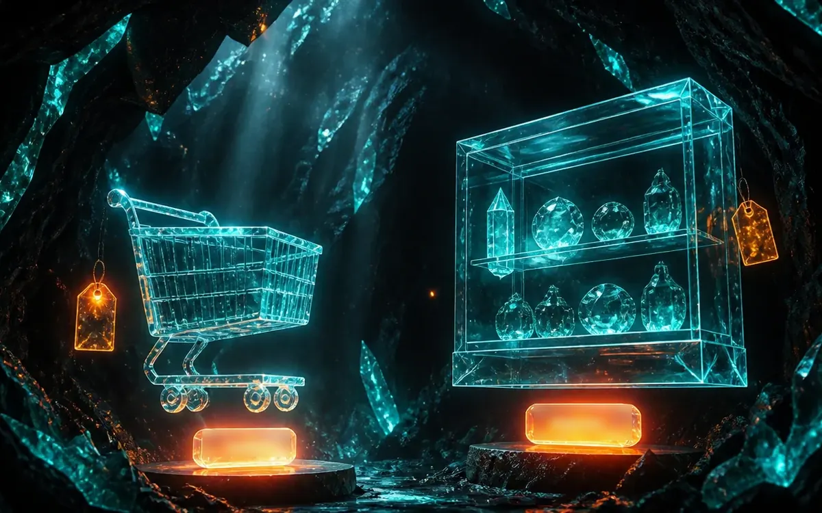 Carrito de compra y vitrina de productos luminosos en una caverna, con etiquetas de precio en ámbar