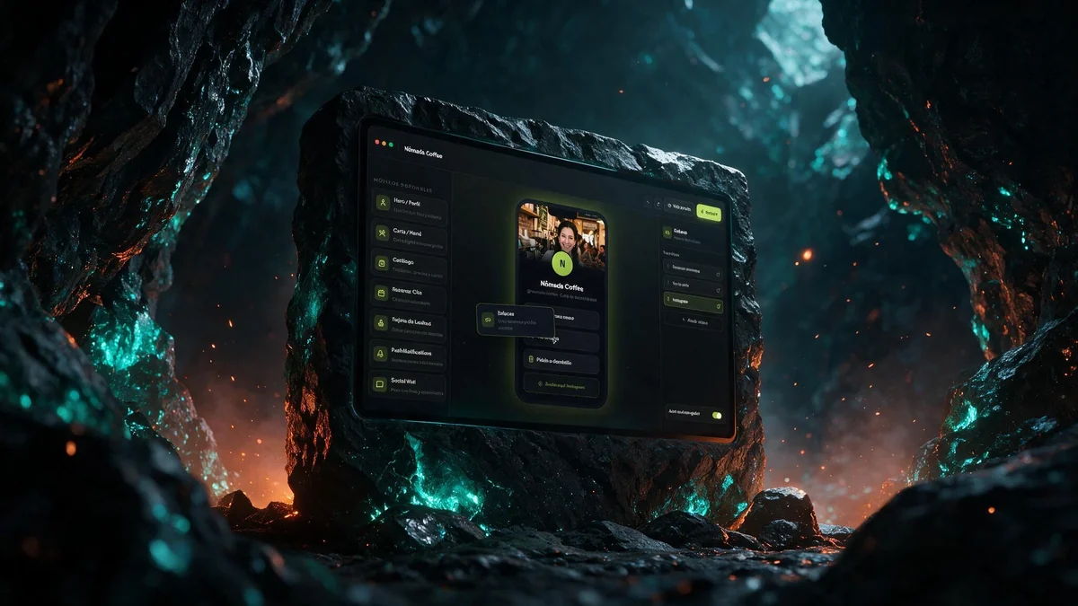 Captura de la plataforma CreaTu App integrada en un monolito de piedra dentro de una caverna, que muestra un creador de aplicaciones por módulos sin código