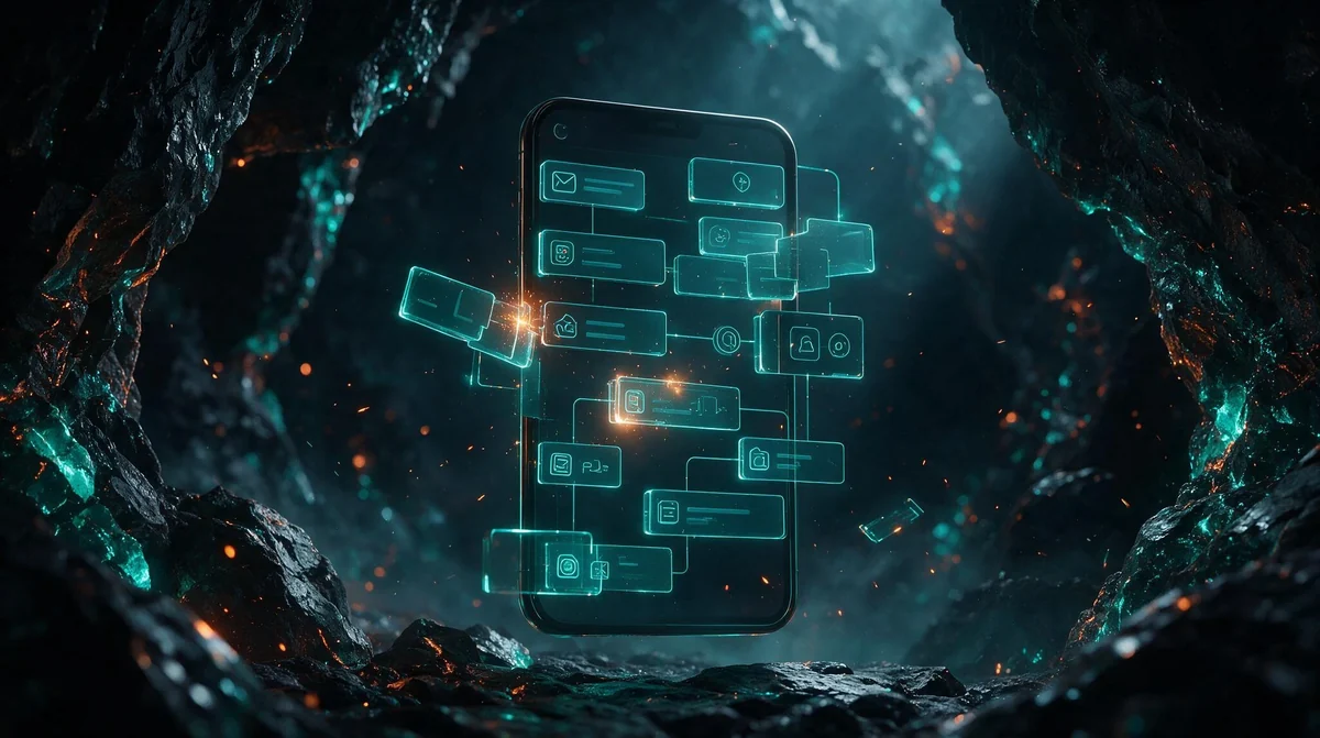 Ilustración de una aplicación móvil construyéndose a partir de módulos luminosos dentro de una caverna, que representa la creación de apps sin código