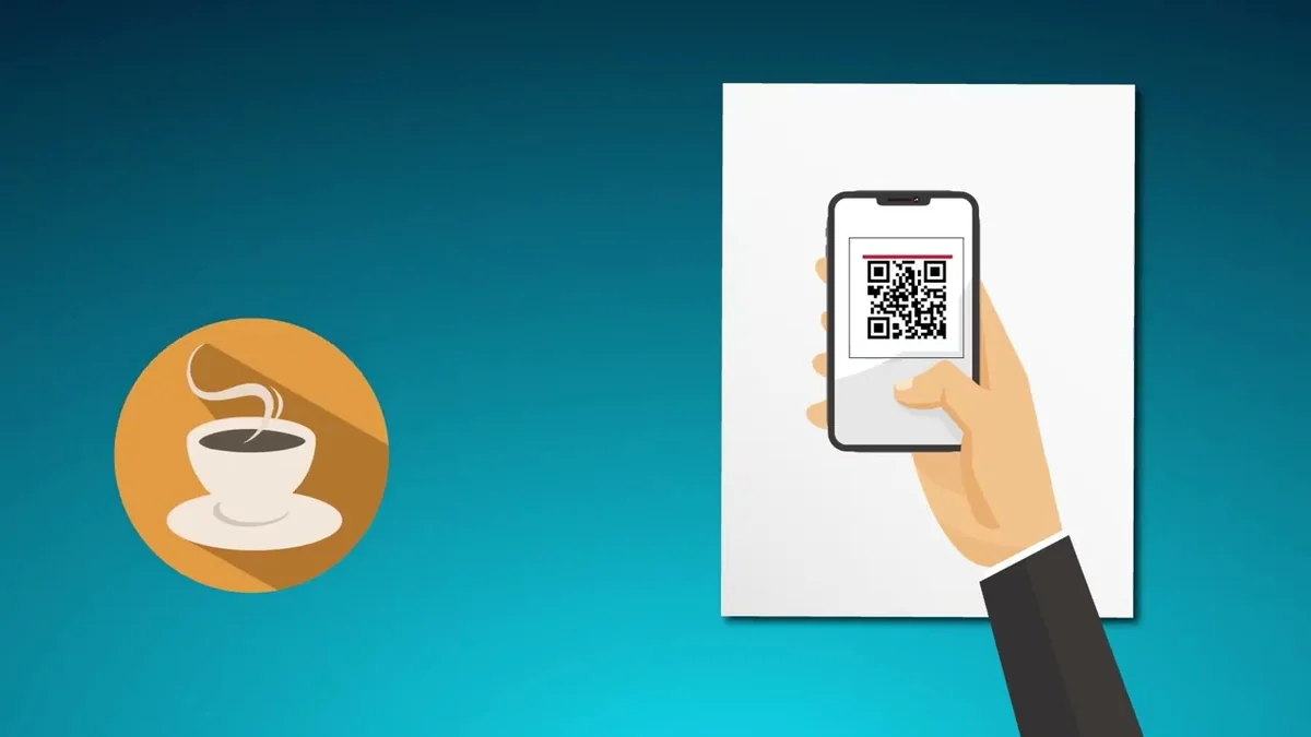 Fotograma del video: una mano escanea con el celular un código QR junto al icono de una taza de café