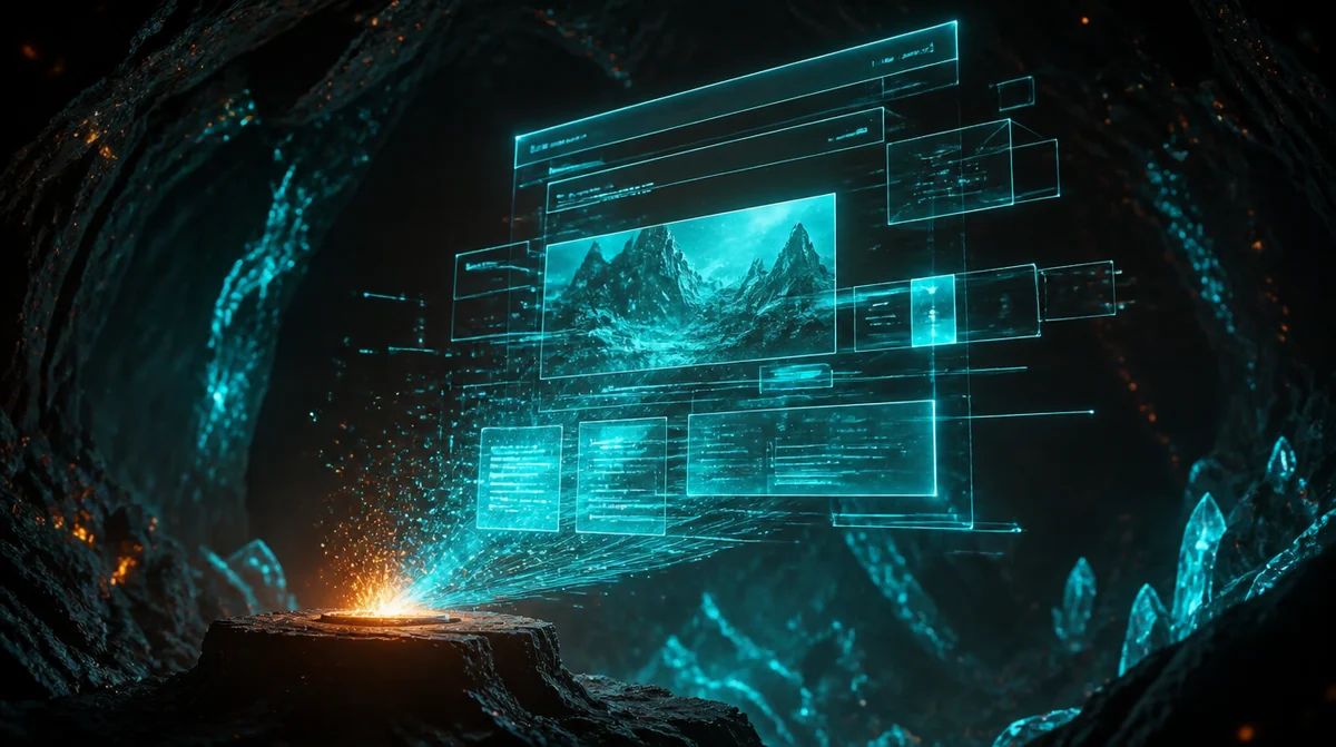 Ilustración de una estructura de página web formándose a partir de luz cian dentro de una caverna, que representa la creación de webs con inteligencia artificial