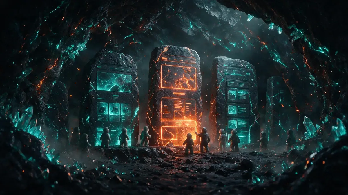 Ilustración de varias maquetas de páginas web talladas en piedra dentro de una caverna, con pequeñas figuras eligiendo una, que representa un catálogo de plantillas para WordPress
