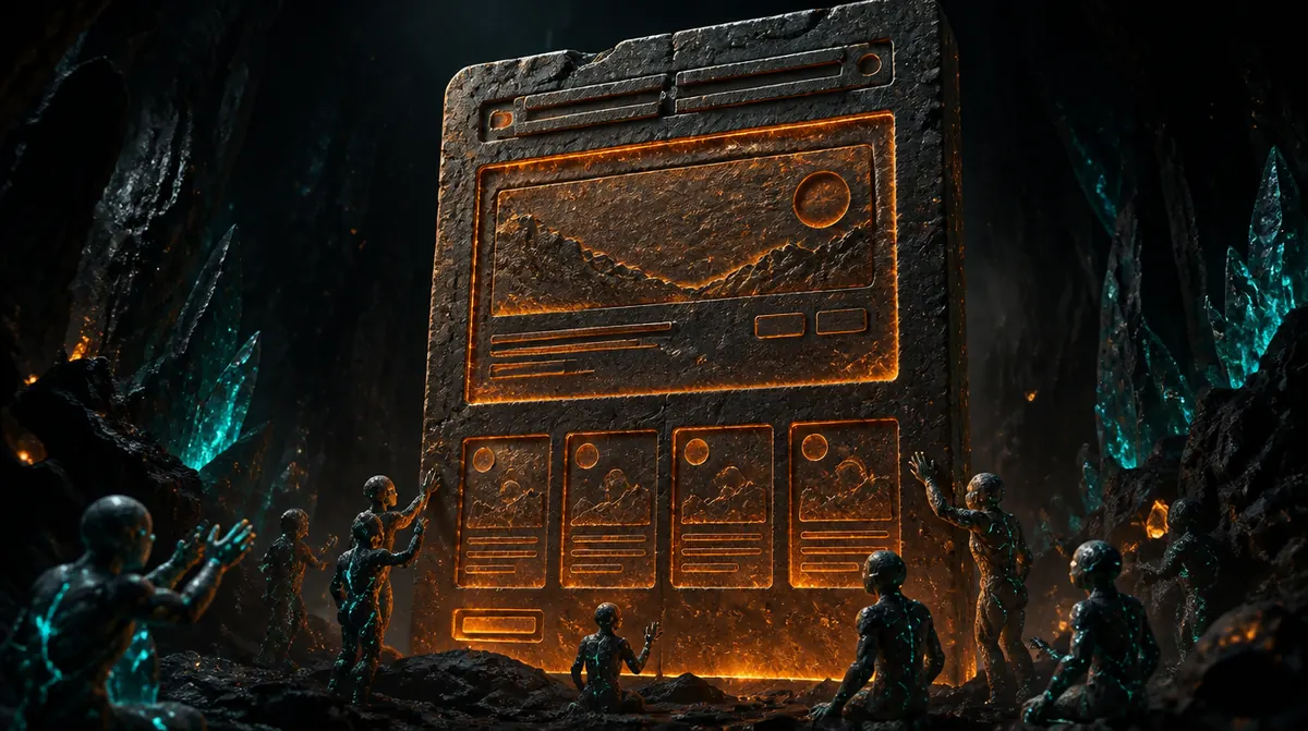 Ilustración de una maqueta de página web tallada en piedra dentro de una caverna, rodeada de pequeñas figuras que la contemplan, que representa plantillas y recursos para WordPress