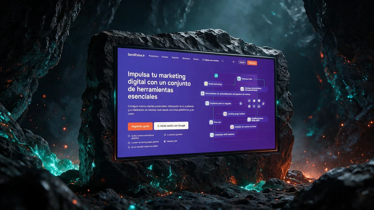 Pantalla con la plataforma de SendPulse integrada en un monolito de piedra dentro de una caverna, que muestra sus herramientas de marketing multicanal
