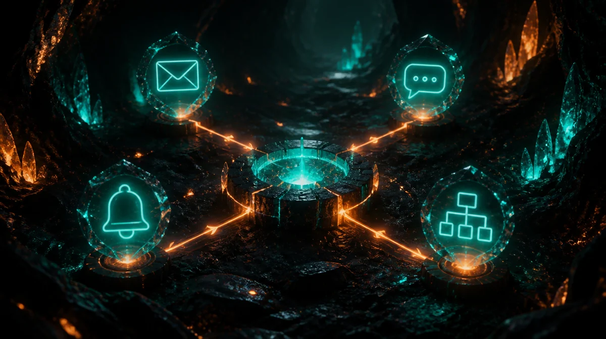 Ilustración de un centro luminoso que envía mensajes por varios canales dentro de una caverna, que representa una plataforma de marketing multicanal