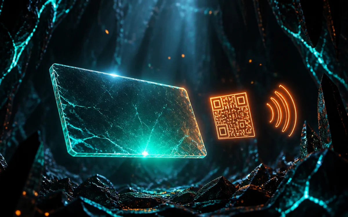 Tarjeta de presentación digital flotando en una caverna, junto a un código QR y las ondas de una tarjeta NFC