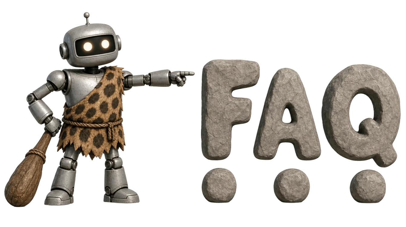 Preguntas frecuentes de Caverna Tecnológica: un robot cavernícola señala la palabra FAQ tallada en piedra
