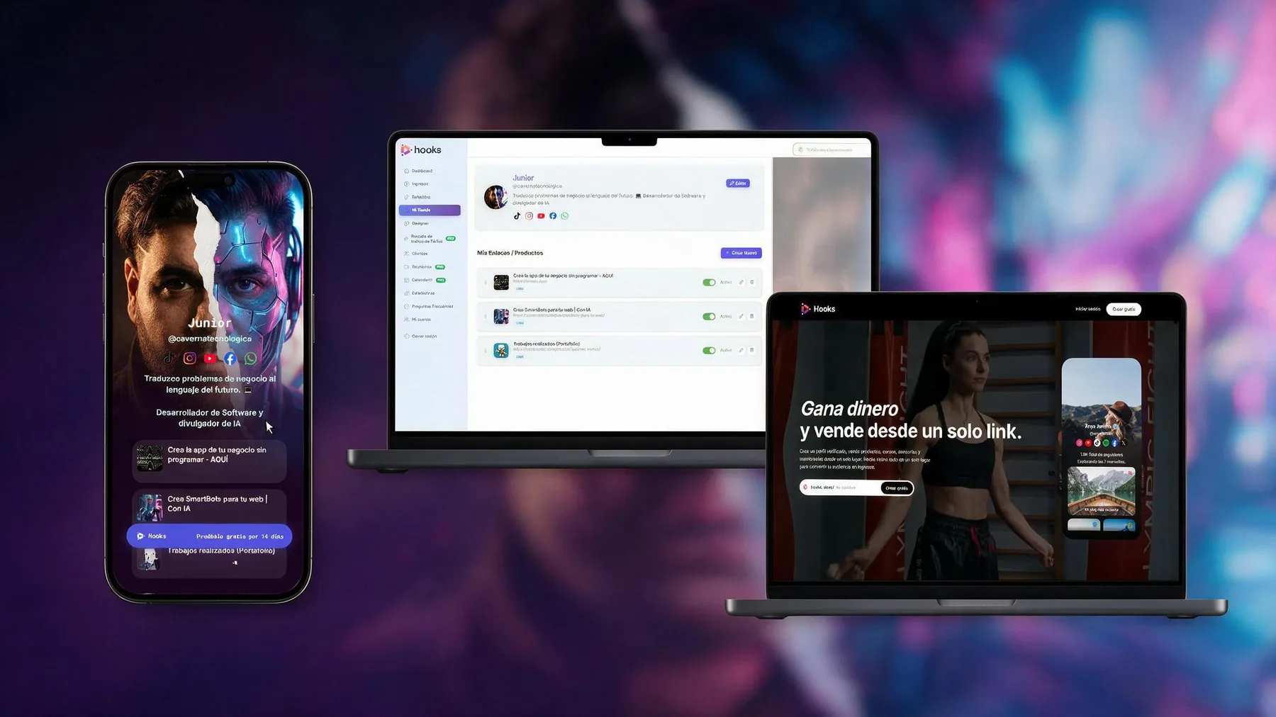 Hooks, plataforma web tipo link-in-bio para creadores con venta de cursos y membresías, desarrollada por Caverna Tecnológica